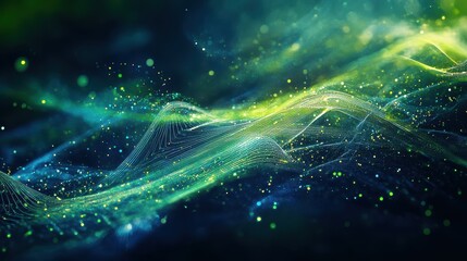 Abstract Green and Blue  Bokeh Background with Glowing Lines and Particles.