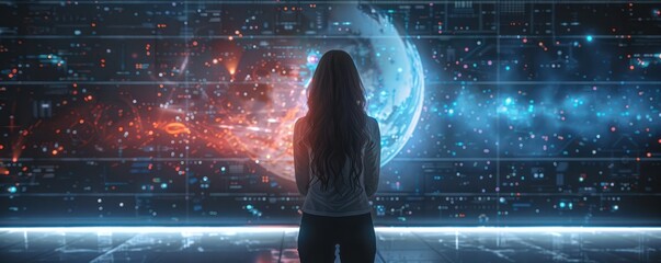 Woman standing before a glowing, futuristic digital cityscape at night. Free copy space for text.