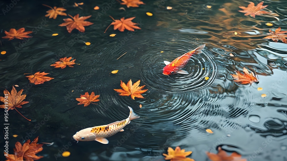 Wall mural koi fish and autumn leaves in a pond.