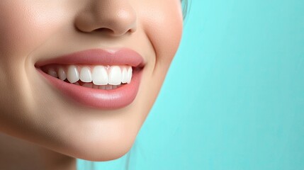 Fototapeta premium A detailed close-up of a woman's beautiful smile, showcasing her bright white teeth against a soft light blue background.