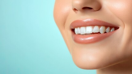 Obraz premium A detailed close-up of a woman's beautiful smile, showcasing her bright white teeth against a soft light blue background.