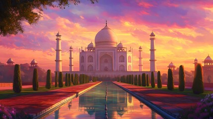 Obraz premium 115. **Illustrate the Taj Mahal during a vibrant sunset with its marble reflecting the colorful sky and the lush gardens around it.**