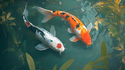 Fototapeta premium Two Koi Fish Swimming in a Pond.