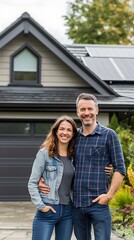 Photo of a happy couple in front of their house with solar panels on the roof, a beautiful home exterior
