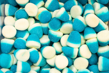 Assorted colorful gummy jelly candies. Top view. Jelly sweets.