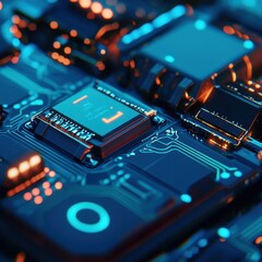 Fototapeta premium Closeup of a Modern Computer Motherboard with Glowing Circuitry and Processor