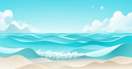 A serene digital illustration of a tranquil ocean landscape with gentle waves and a clear blue sky.