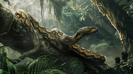 Titanoboa coiled around a giant tree with its head raised and eyes fixed on a distant prey The scene captures the snake's hunting prowess and the beauty of the jungle