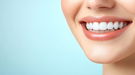 Obraz premium A detailed image of a woman's radiant smile with perfectly aligned white teeth, set against a soft light blue background.