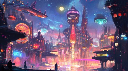 Fototapeta premium Futuristic Cyberpunk City at Night with Glowing Skyscrapers and Hovering Aircrafts