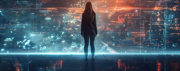 Woman standing before a glowing, futuristic digital cityscape at night. Free copy space for text.