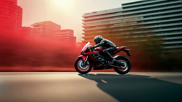 Sleek red sports motorcycle speeding through urban cityscape at sunset, dynamic action shot of rider leaning into turn on empty street