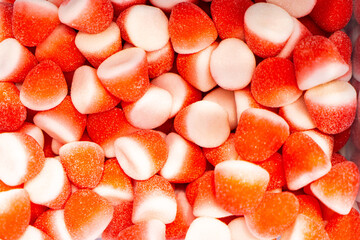 Assorted colorful gummy jelly candies. Top view. Jelly sweets.