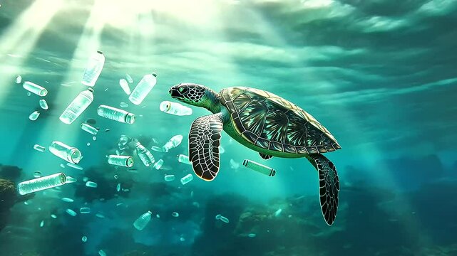 sea turtle swimming through ocean water littered with plastic bottles, vividly highlighting the pressing issue of marine pollution and its impact on sea life
