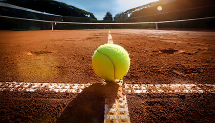 Tennis ball hitting the line on a clay court