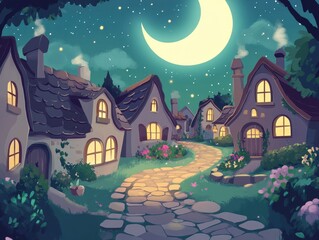 Enchanted Village Night Scene Illustration - Moonlit Cobblestone Street with Cute Houses