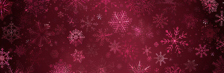 Red festive background with a pattern of snowflakes in shades of dark pink and burgundy, perfect for creating an elegant winter-themed design or festive Christmas banner.