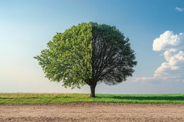 Obraz premium Striking Duality A Single Tree Illustrates the Contrast of Climate Change , ai