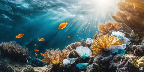 Vibrant underwater coral reef scene affected by plastic pollution, fish swimming near debris, sunlight filtering through water, environmental concern, selective focus
