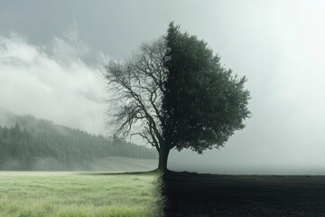 Fototapeta premium Striking Duality A Single Tree Illustrates the Contrast of Climate Change , ai