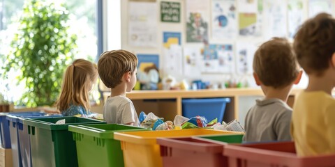 Children in a classroom learning about recycling, engaged in eco-friendly activities, surrounded by educational posters, promoting environmental awareness, selective focus, copy space

