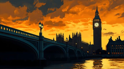 10. **Illustrate Big Ben and the Houses of Parliament in London, with the iconic clock tower rising above the River Thames.**