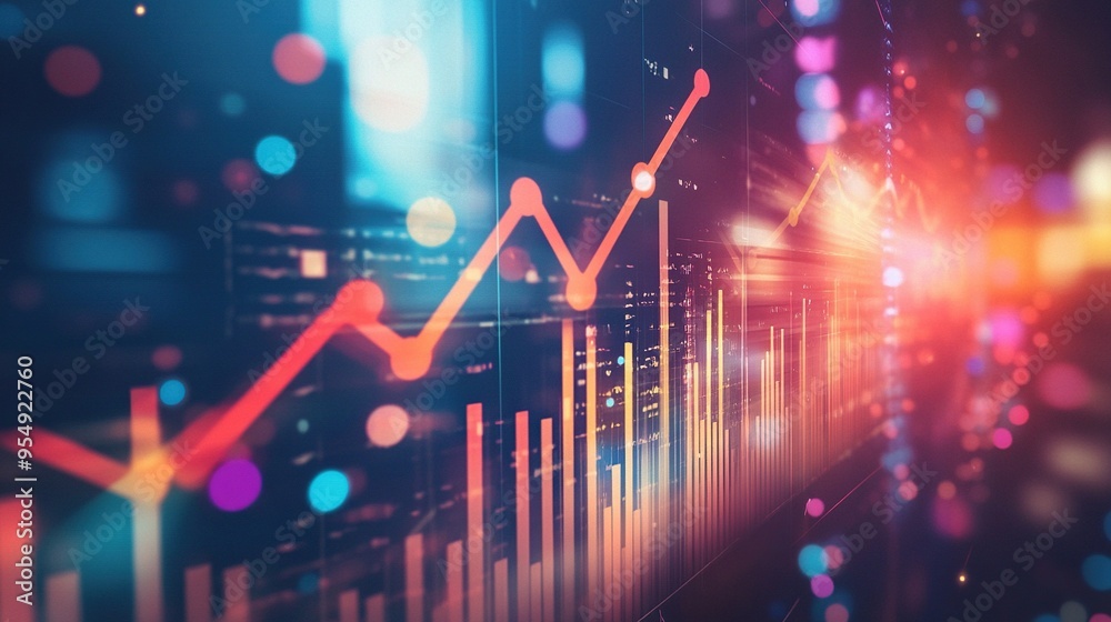 Poster red line graph on screen with bokeh background