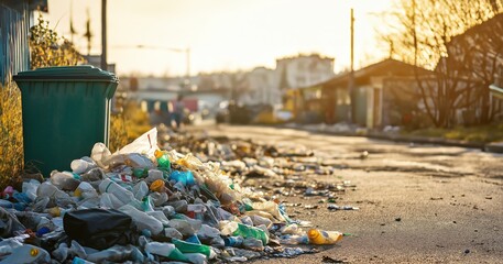 Fototapeta premium Plastic waste littering an urban street, showcasing the problem of pollution in city environments, with buildings in the background, selective focus, copy space