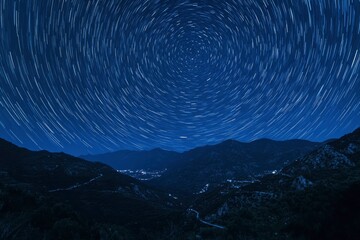 Fototapeta premium movement of stars in the night sky with the view of mountains , ai