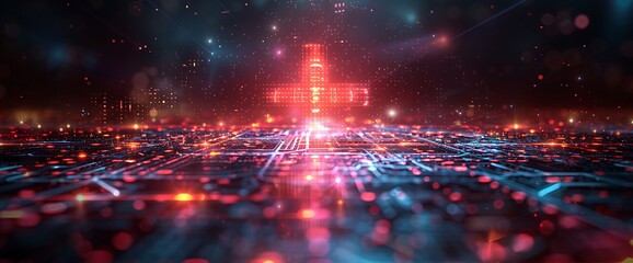 Fototapeta premium Abstract futuristic digital landscape with glowing red and blue lights and circuits.