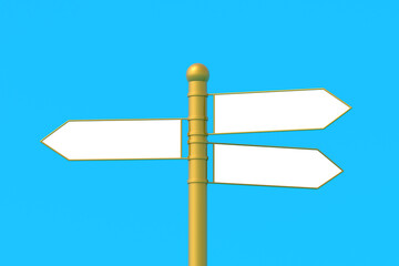 Yellow signpost on blue background. Crossroad sign board with empty plaques. Choice of direction. Travel and adventure. Street navigation. 3d render