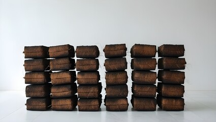 Cube Shaped Coal Briquettes Made from Coconuts, Isolated on White Background, Stack of Coal Briquettes"







