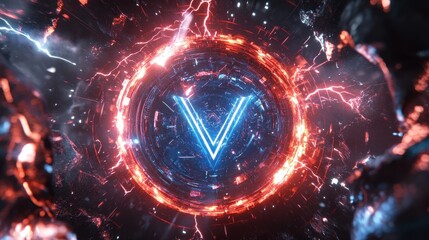 Obraz premium Abstract Neon Glowing Ring with Lightning and V Symbol