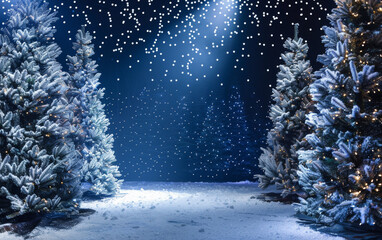 Christmas winter night scene with snow-covered pine trees and bright white lights, set against a dark blue festive background. Silver decorations, creating an atmosphere of magic and enchantment.