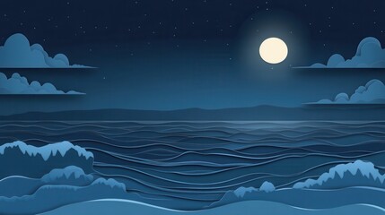 Fototapeta premium Abstract Paper Cut Night Ocean with Moon and Stars Illustration.