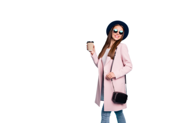 Portrait of lovely sweet girl in eyewear eyeglasses walk have stroll with her friends hold mug wear pink top coat denim jeans isolated over blue color background