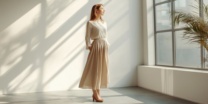 Woman in a flowing beige dress standing by a large window, bathed in soft light and shadows, embodying a demure and mindful style, serene and elegant, selective focus, copy space

