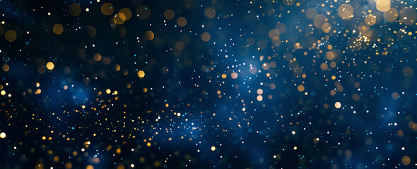 Abstract Christmas festive dark blue background with golden bokeh lights and stars, glitter effect. Christmas night, New Year celebration banner template design. Copy space.