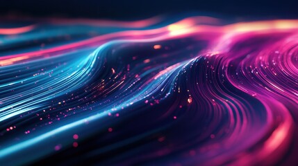 Abstract Background with Wavy Lines and Glowing Particles in Neon Blue and Pink Colors.