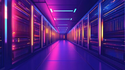 Obraz premium Neon Lit Server Room Corridor - Futuristic Technology Concept.