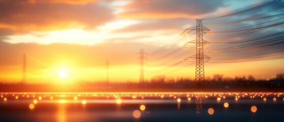 Fototapeta premium Sunset over a landscape, showcasing power lines and glowing lights, creating a serene and peaceful atmosphere.