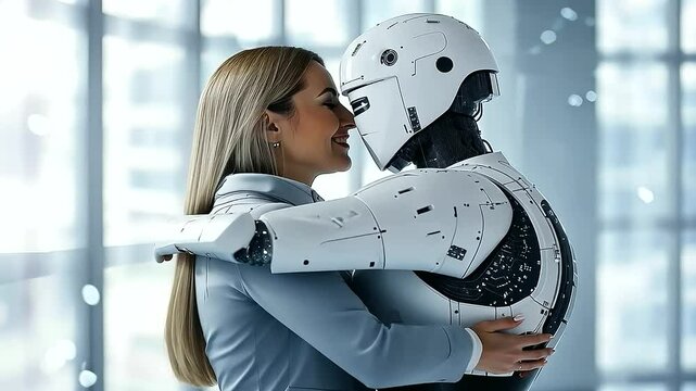 futuristic AI concept is illustrated with robot gently embracing a human figure, symbolizing the intersection of advanced technology and human emotion, highlighting the evolving relationship between A