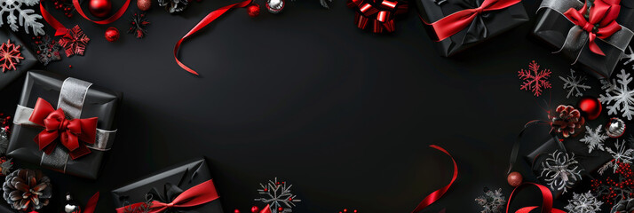 Black festive background with red and silver Christmas decorations, gifts, and ribbons banner for text or web design in top view. New Year concept with space for your message.