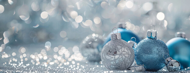 Blue festive Christmas ball ornaments on a silver background with copy space for text, a silver and blue color palette, festive decoration, and an elegant design.
