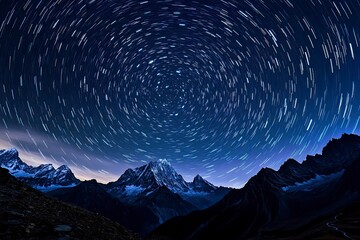Fototapeta premium movement of stars in the night sky with the view of mountains , ai