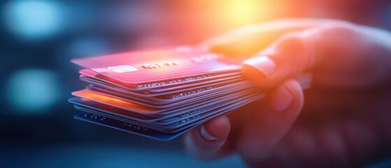 Close up of a hand holding multiple credit cards, symbolizing shopping, finance, and online transactions.