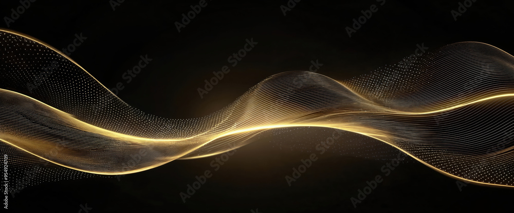 Poster golden particles flowing on black background forming abstract wave shape. high quality photo