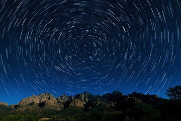 Fototapeta premium movement of stars in the night sky with the view of mountains , ai