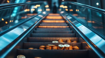 Escalator with Gold Coins Symbolizing Financial Growth and Wealth in a Modern Business Environment