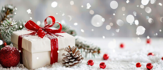 Christmas background, red ribbon wrapped gifts white gift boxes red ribbon isolated on a white background decorations, and snow gray